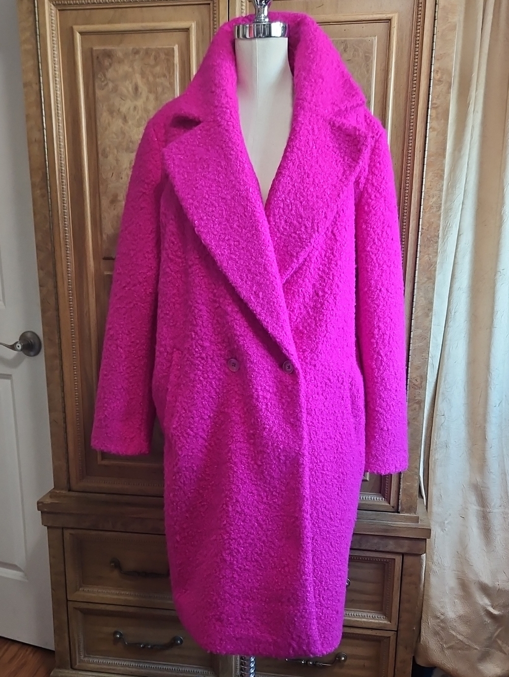 INC International Concepts Fuchsia Knee Length Teddy Bouclé Coat NWOT